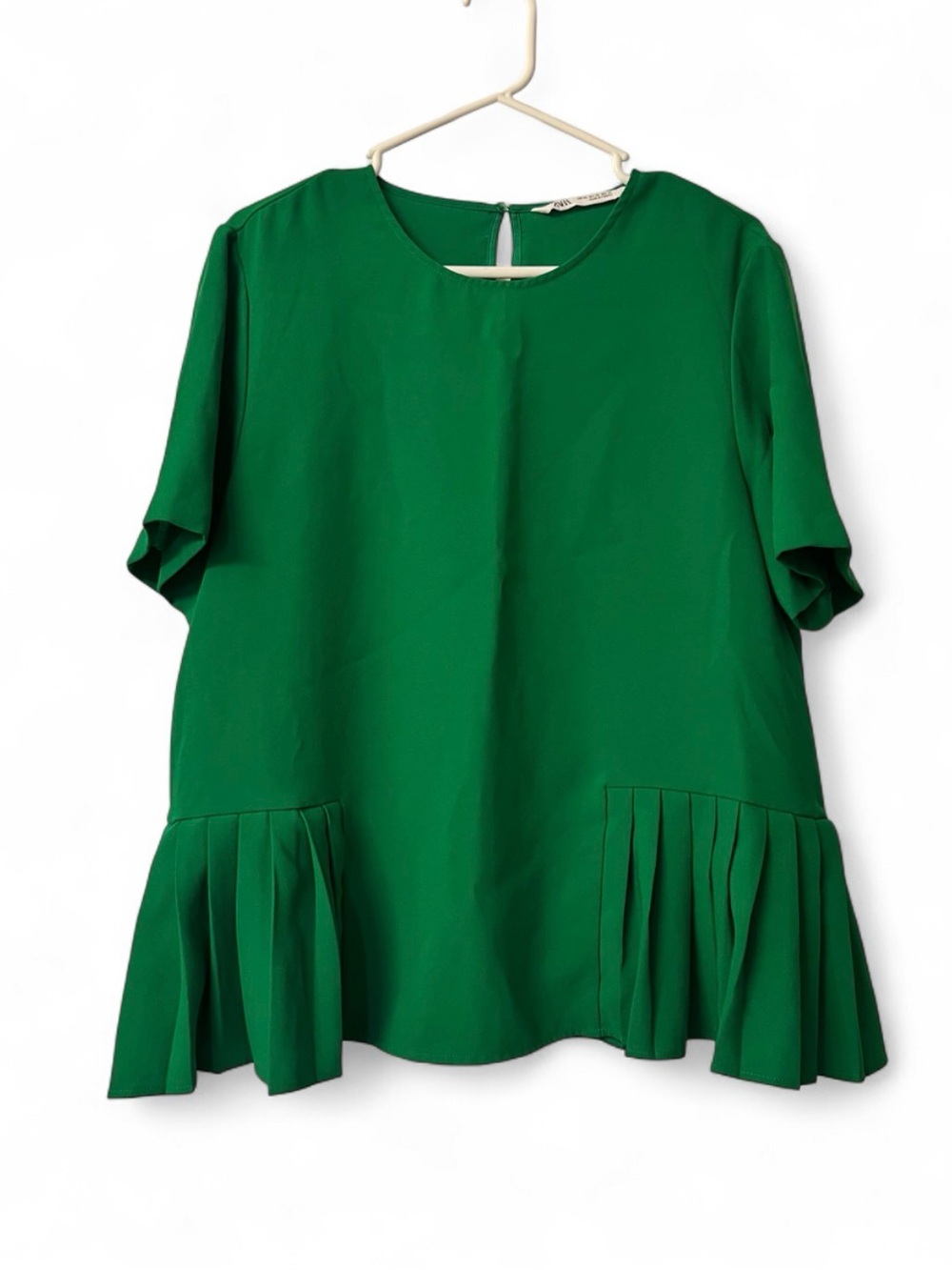 Zara Green Pleated Hem Short Sleeve Top